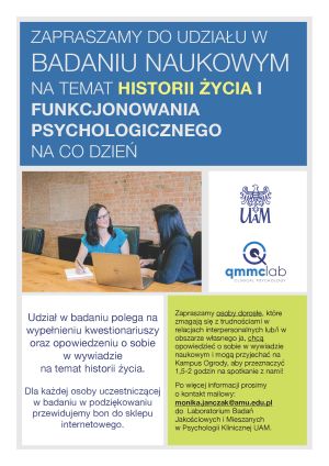 ZAPROSZENIE DO BADANIA na Wydziale Psychologii i Kognitywistyki UAM w Poznaniu